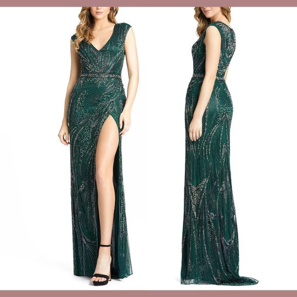 NWT $598‎ Mac Duggal [ 8 ] Intricate Beaded V-Neck High Slit Gown in Green #5227 - Picture 2 of 16